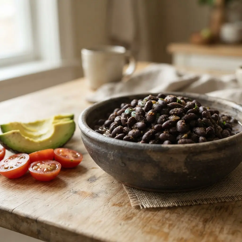 Black beans in a bowl beside avocado and tomatoes, showing health benefits of black beans.