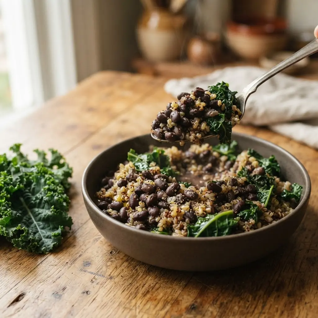 A spoon lifts cooked black beans beside whole grains and greens, highlighting black bean nutrition.
