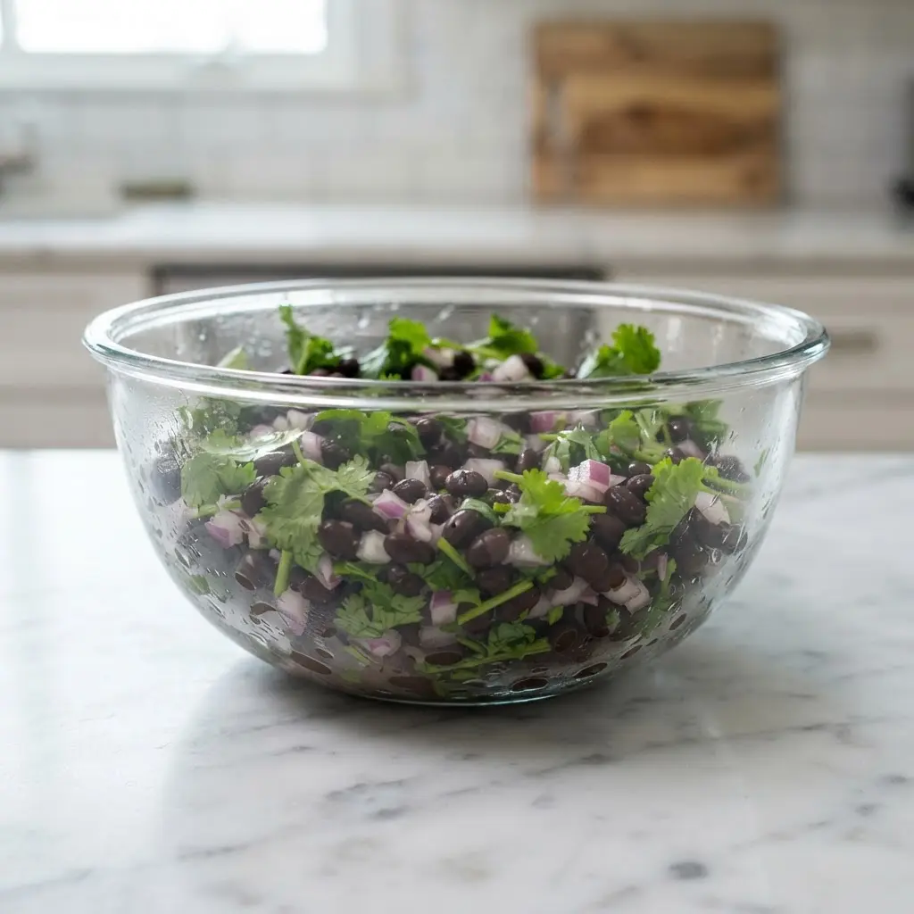 Cooked black beans, onion, and herbs sit in a glass bowl, showing health benefits of black beans.