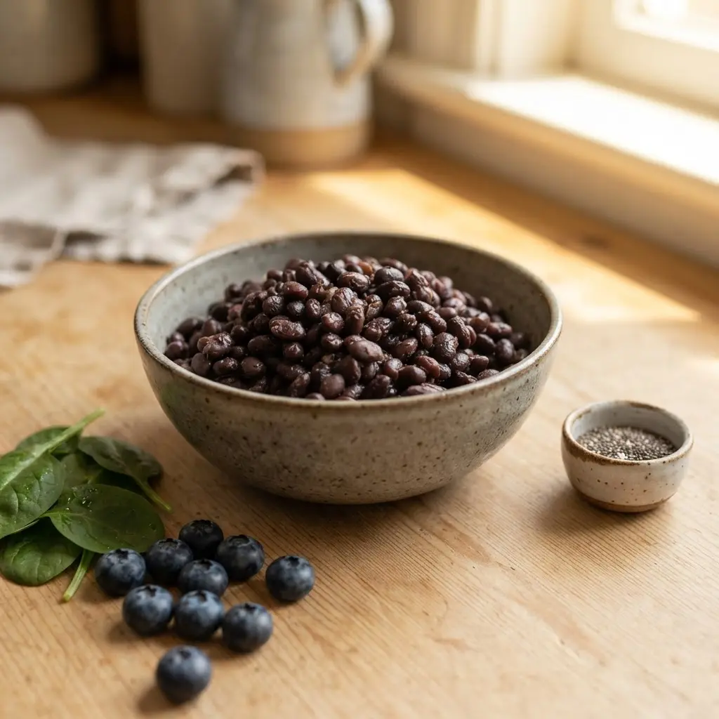 Dark beans, berries, and leafy greens sit on a wooden table beside a small bowl of seeds.