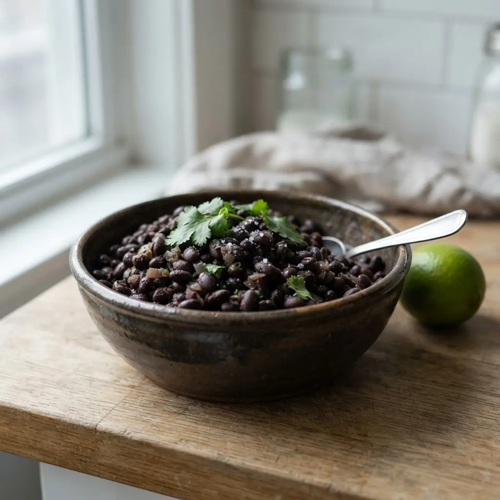 Rinsed black beans, citrus, and leafy greens sit beside a colander, showing health benefits of black beans.