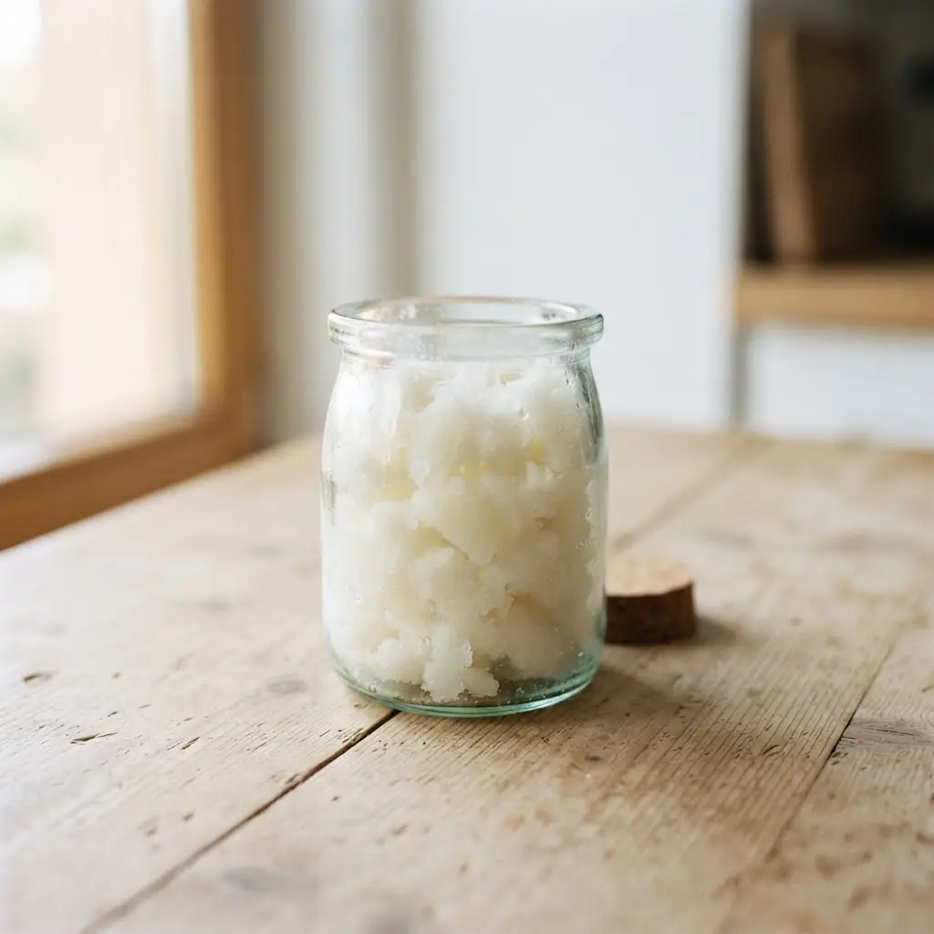 Coconut oil on a plain wooden surface.