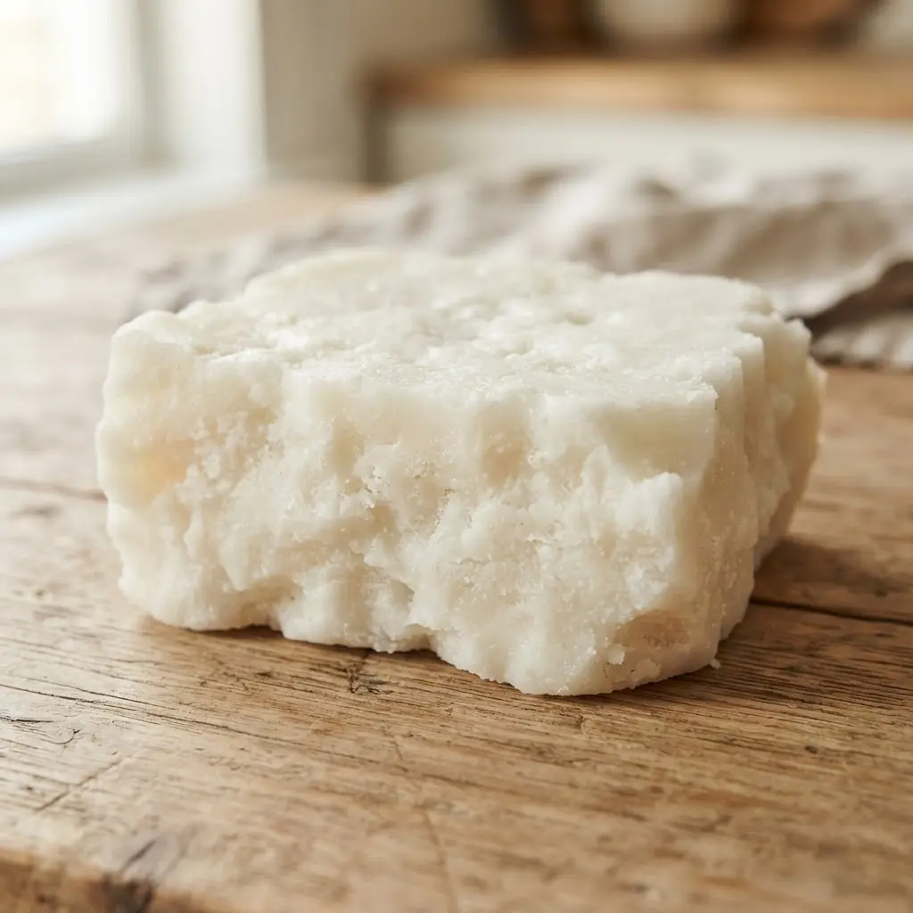 Coconut oil on a plain wooden surface.