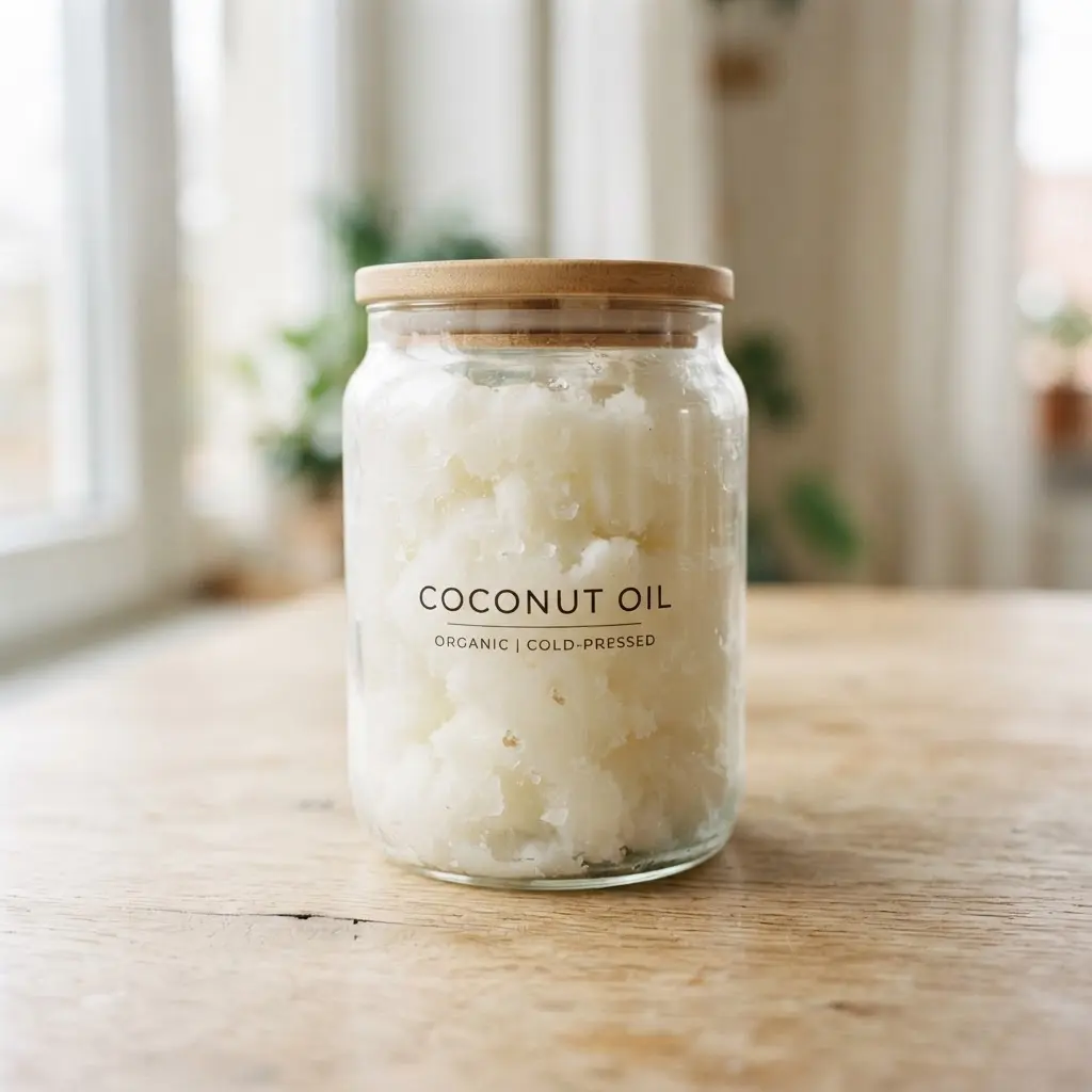 Coconut oil on a plain wooden surface.