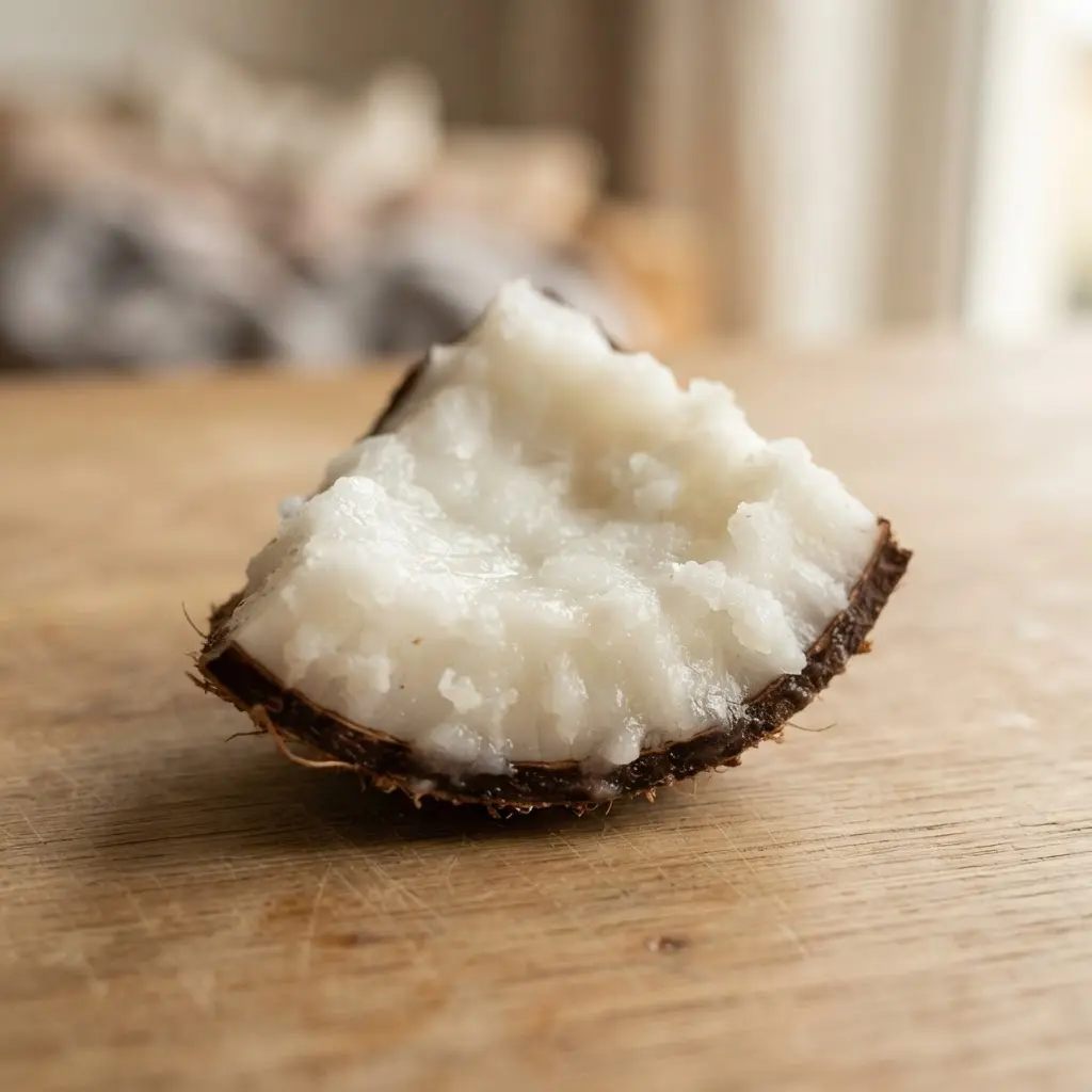Coconut oil on a plain wooden surface.