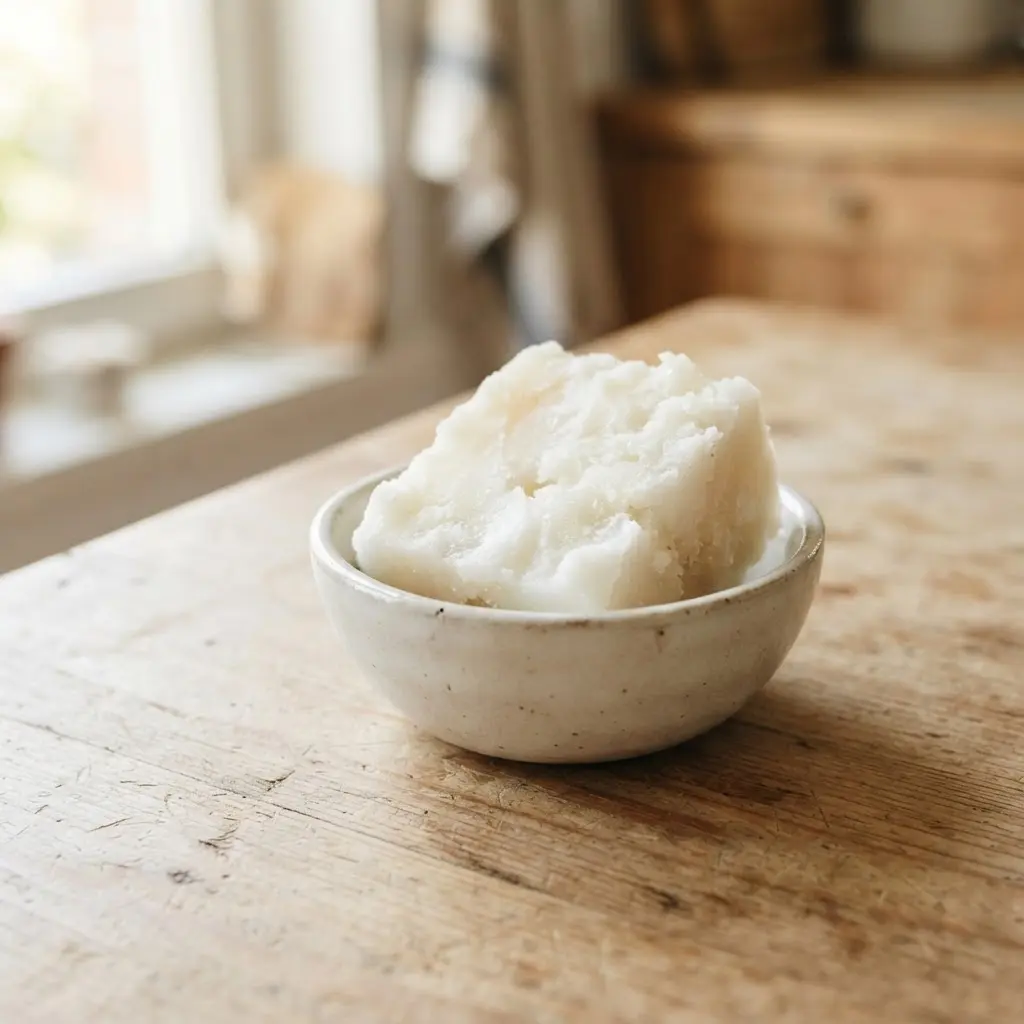 Coconut oil on a plain wooden surface.