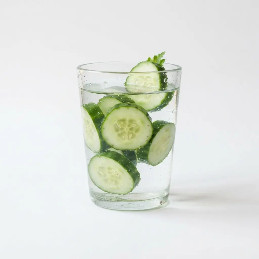 Cucumber water in a clear drinking glass on a clean white background.