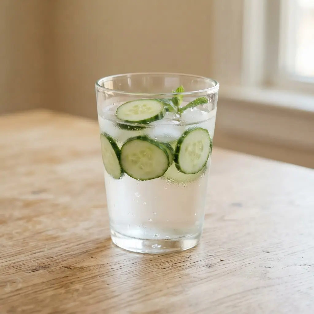 Cucumber water in a clear drinking glass on a plain wooden surface.