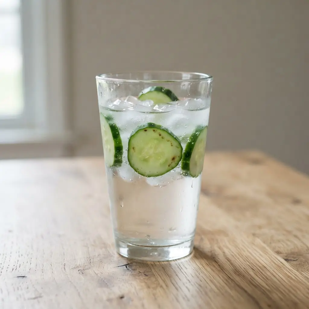 Cucumber water in a clear drinking glass on a plain wooden surface.