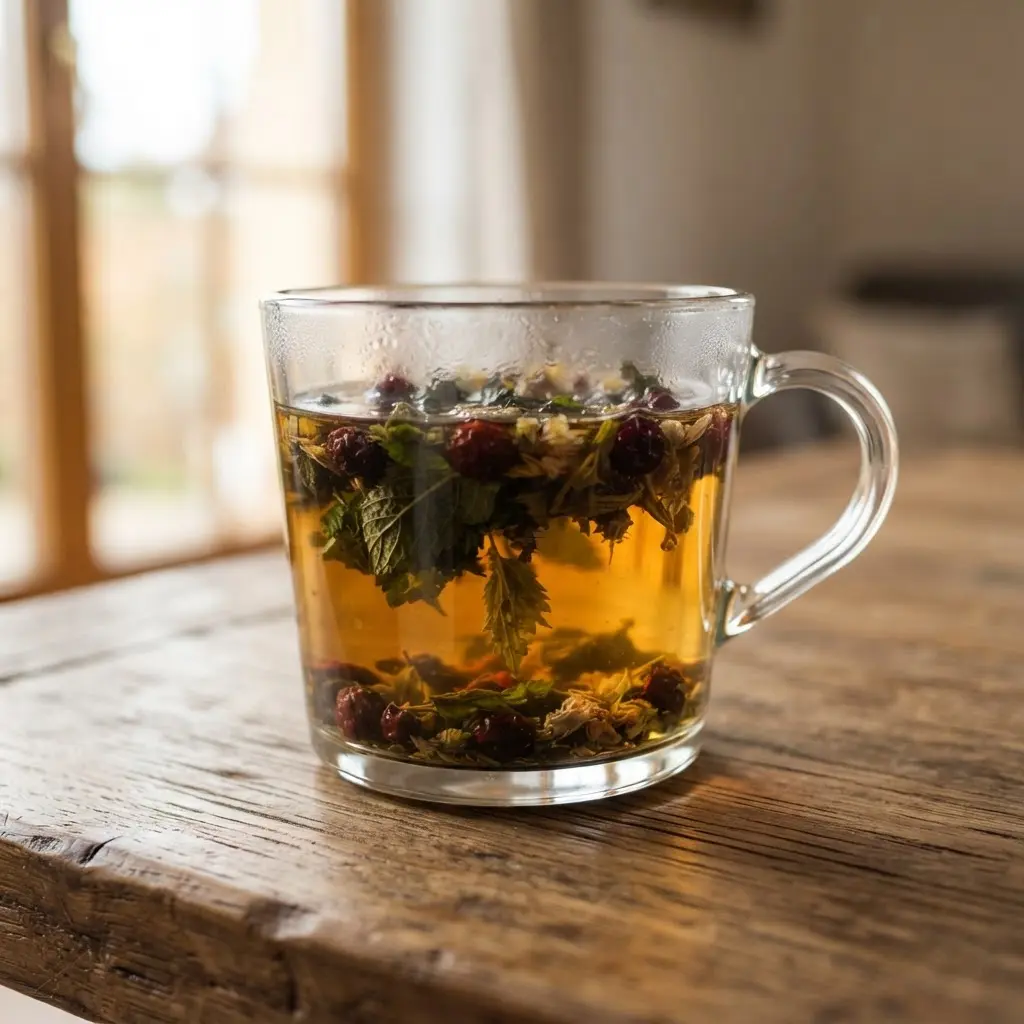Glass cup of herbal tea with green leaves, dried berries, and loose botanicals beside it.