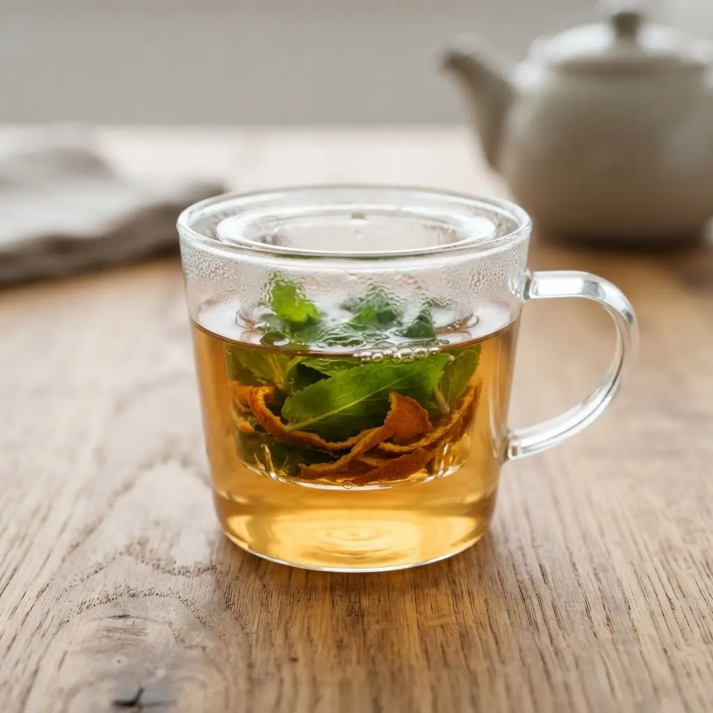 Mint herbal tea with fresh leaves, dried citrus peel, and a small glass infuser.