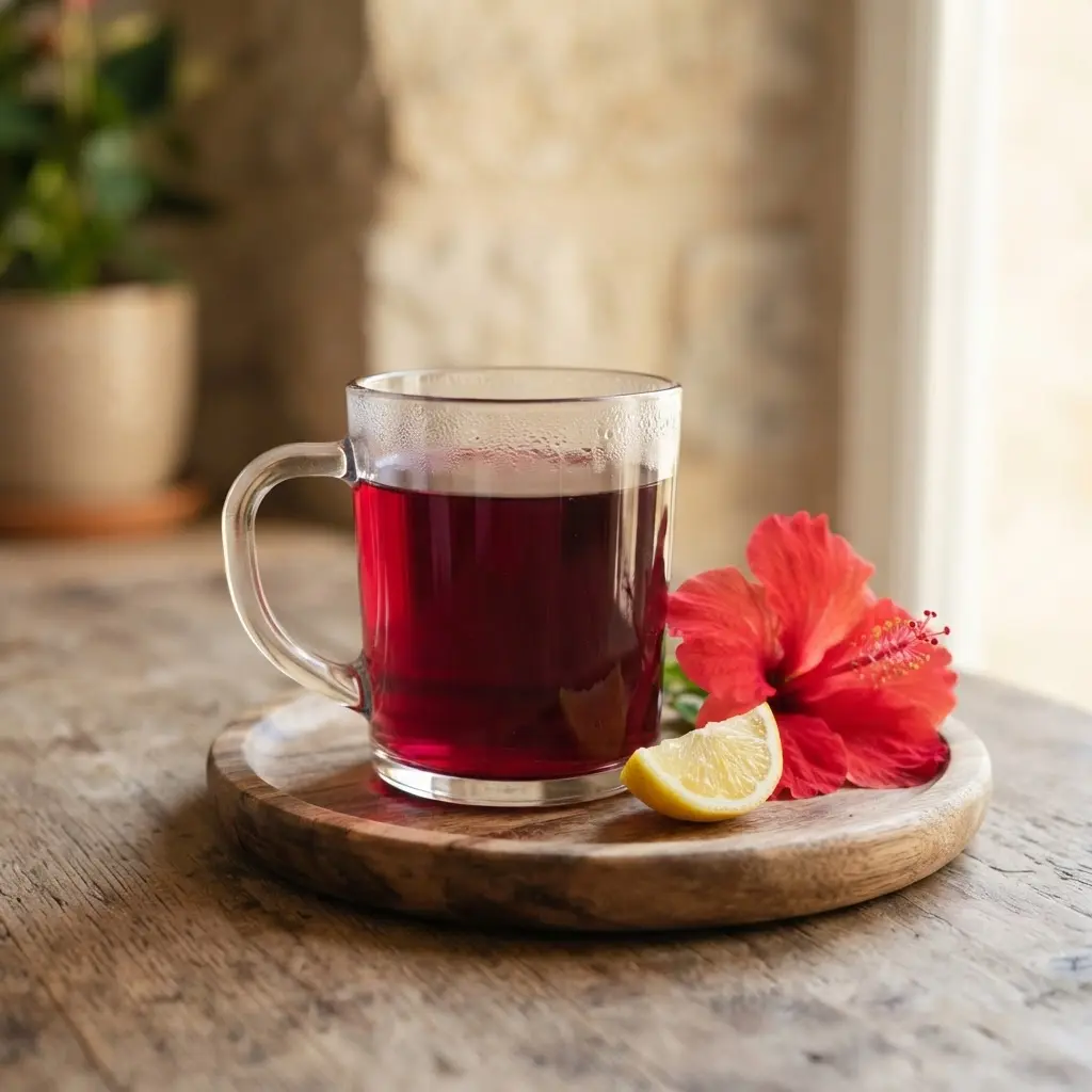 Hibiscus tea in a clear cup beside red petals, a lemon wedge, and a wooden tray.