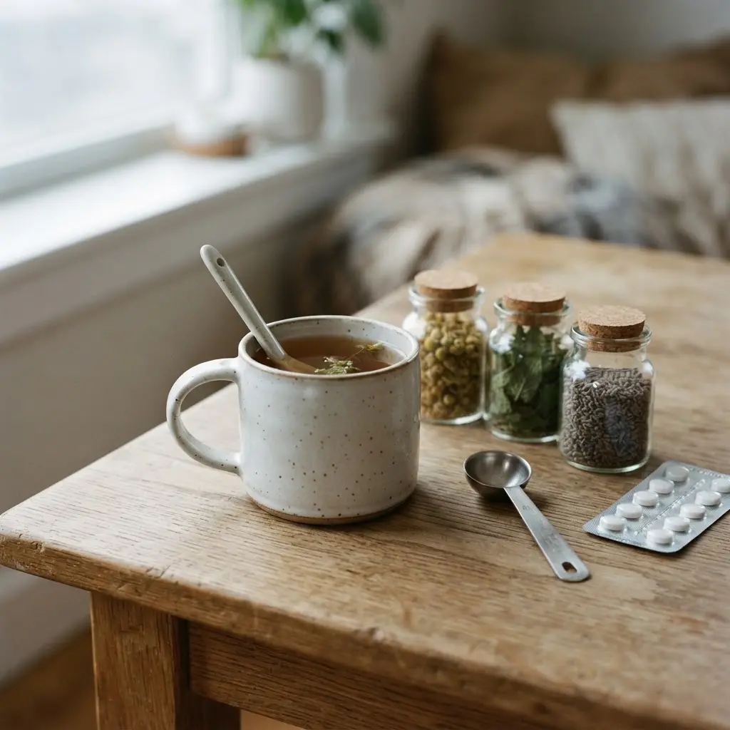 Ceramic herbal tea mug beside labeled herb jars, a measuring spoon, and a medication package.