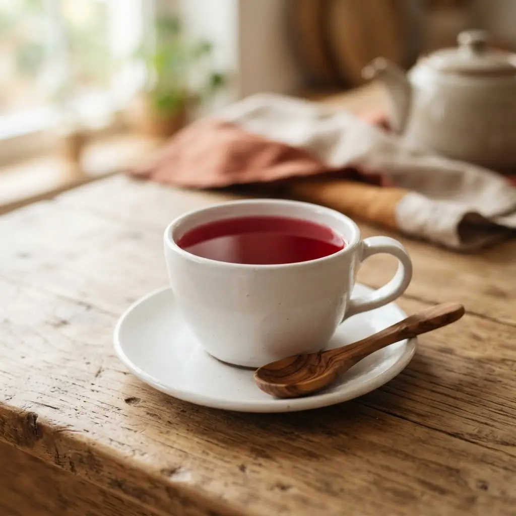 Red hibiscus herbal tea in a white ceramic mug with petals and a wooden spoon.