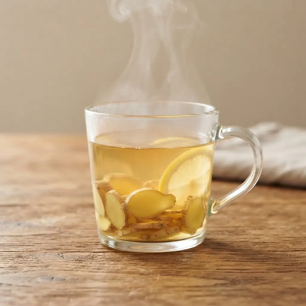 Clear glass of ginger tea with sliced ginger, lemon, and rising steam on a wood table.