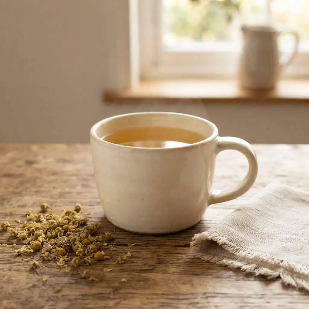 Chamomile herbal tea in a cream mug beside dried flowers and a small linen cloth.