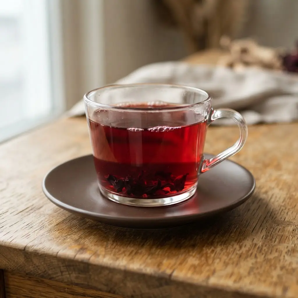 Ruby-red hibiscus tea in a glass cup with dried blossoms and a plain saucer.
