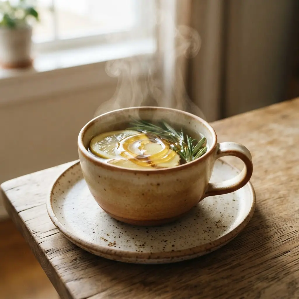 Steaming herbal tea with lemon, ginger, rosemary, and honey on a ceramic tray.