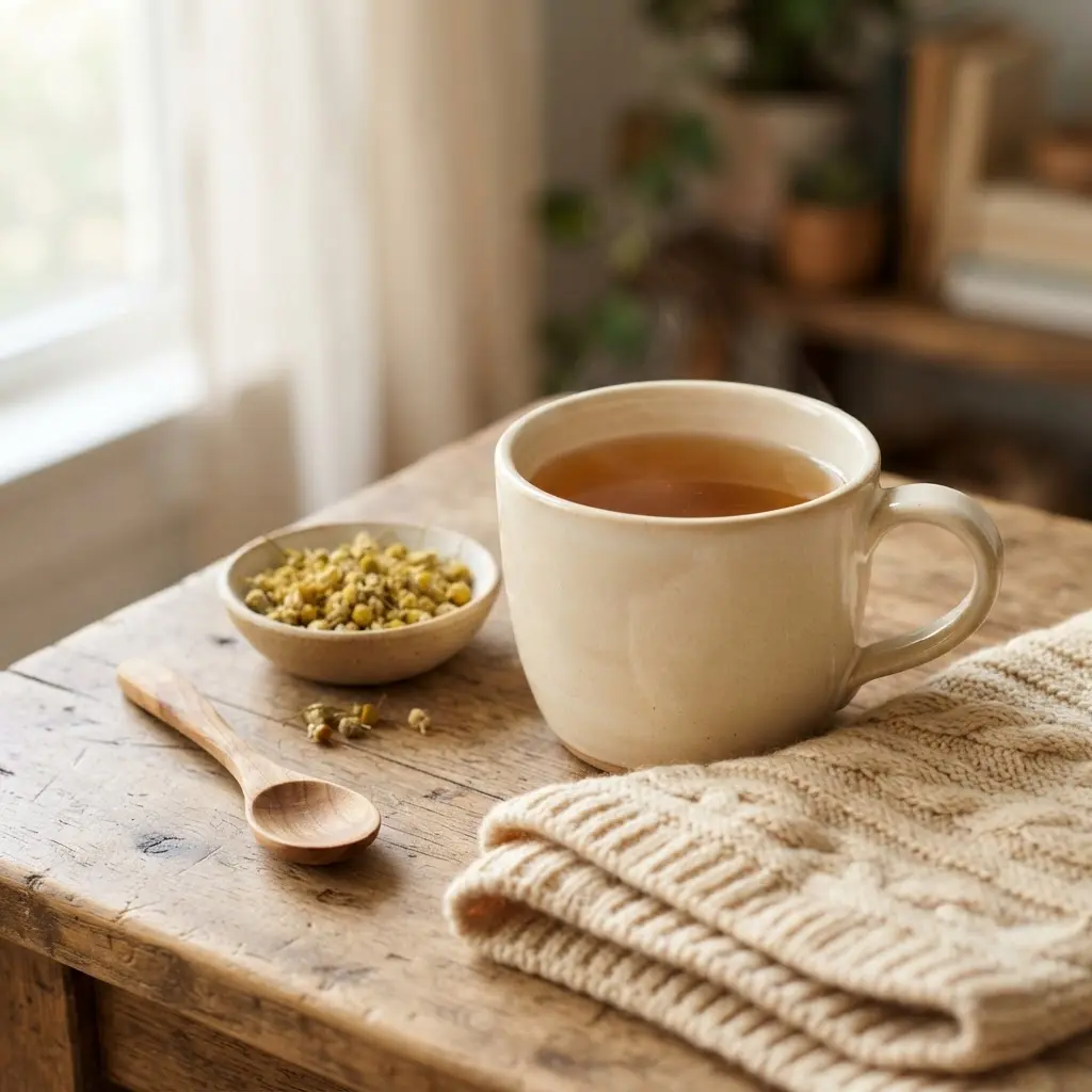 Chamomile tea in a pale mug beside dried flowers, a spoon, and a folded cloth.