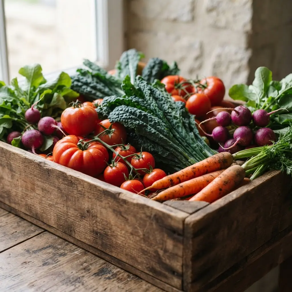 Colorful seasonal vegetables in wooden crates, showing fresh produce linked with health benefits of eating seasonally.