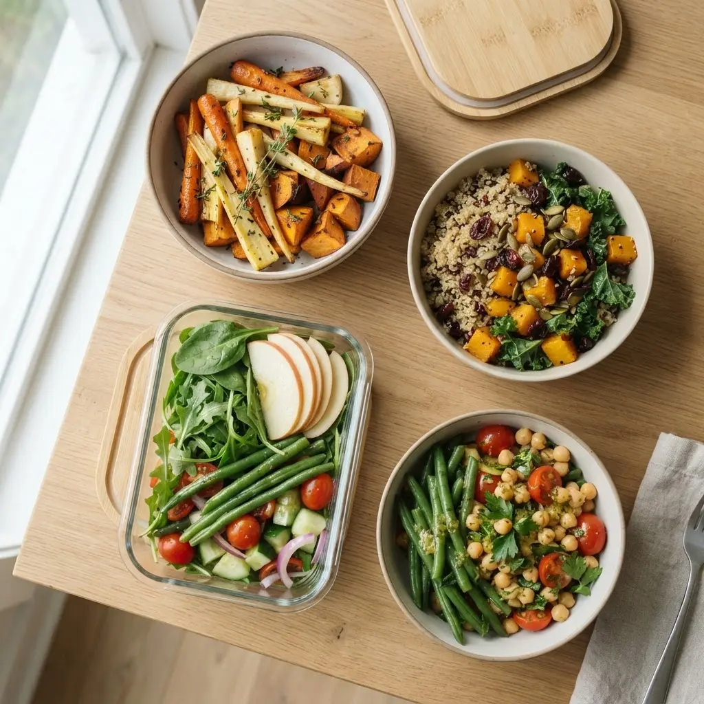 Sliced apples, greens, beans, and root vegetables arranged on a wooden table with bright natural light.