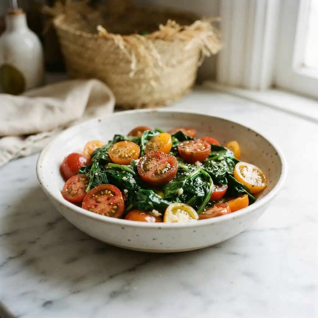 Leafy greens, tomatoes, and carrots in a kitchen basket, showing seasonal foods and health benefits of eating seasonally.