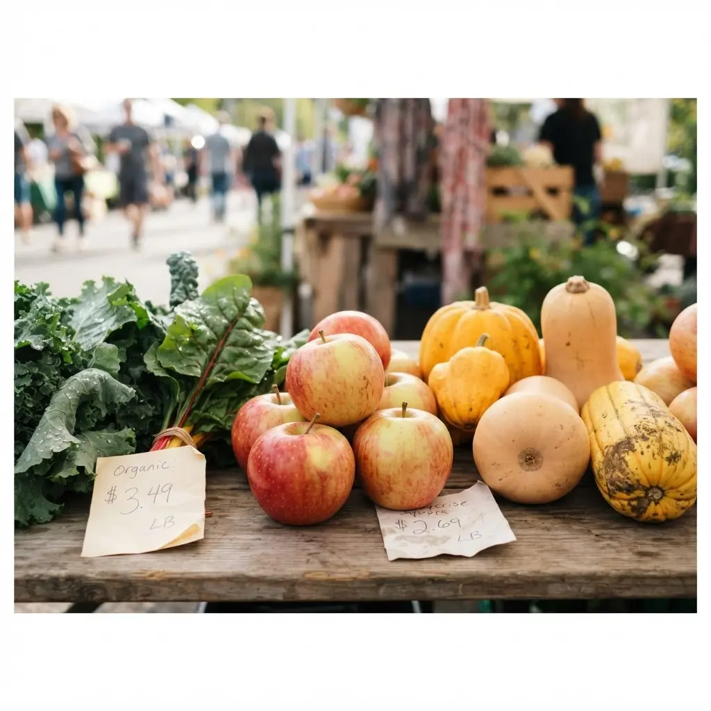 Seasonal apples, squash, and greens beside handwritten price cards at a farmers market stall.