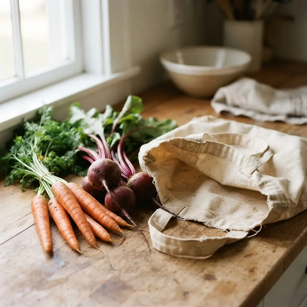 Local vegetables, a reusable market bag, and wooden crates arranged in bright natural kitchen light.