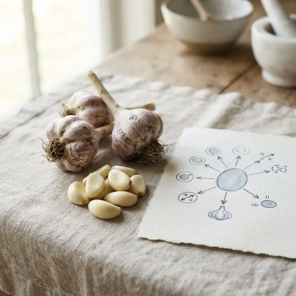 Whole garlic bulbs, peeled cloves, and a simple immune defense diagram represent garlic immune support.