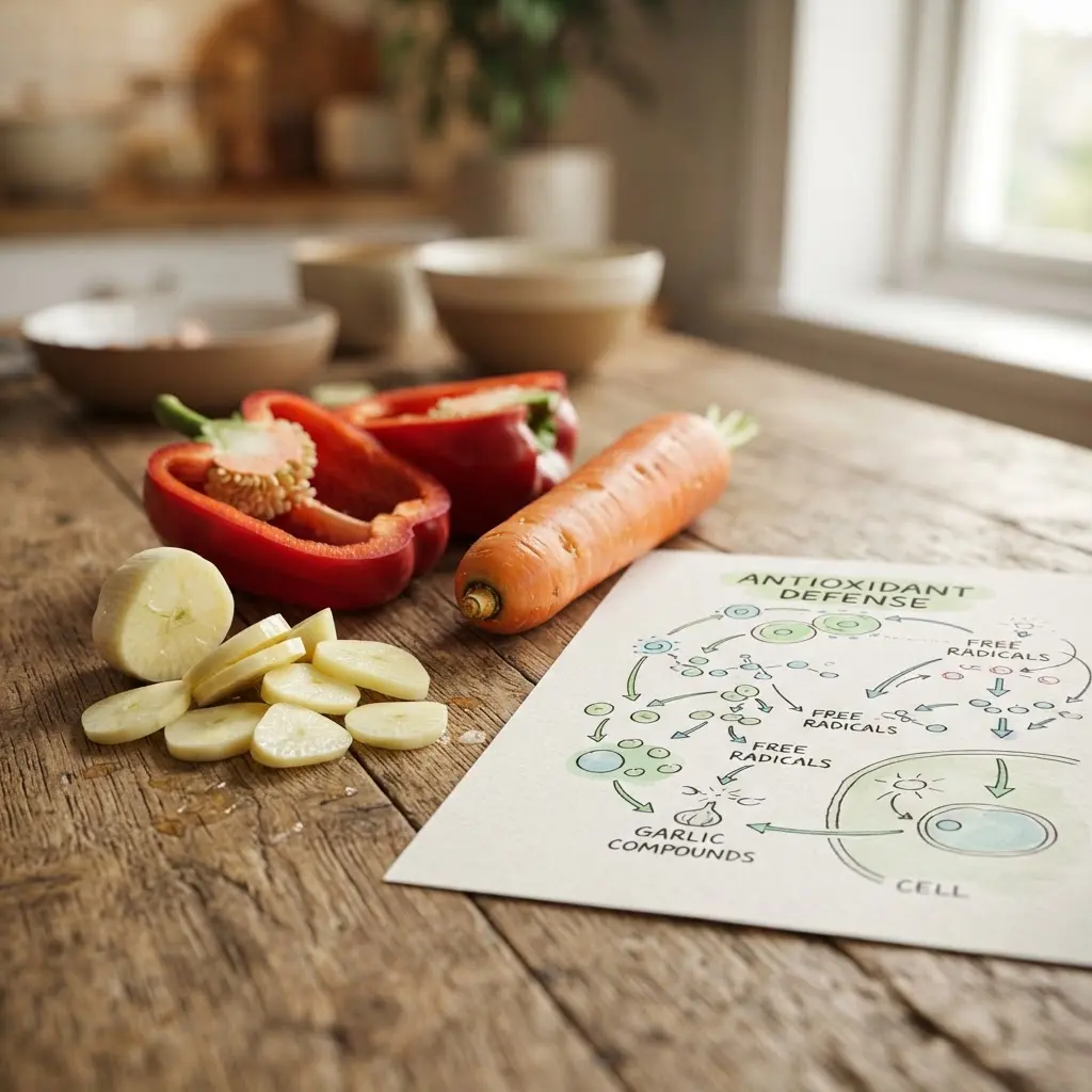 Sliced garlic cloves beside colorful vegetables and an antioxidant defense diagram show garlic antioxidant support.