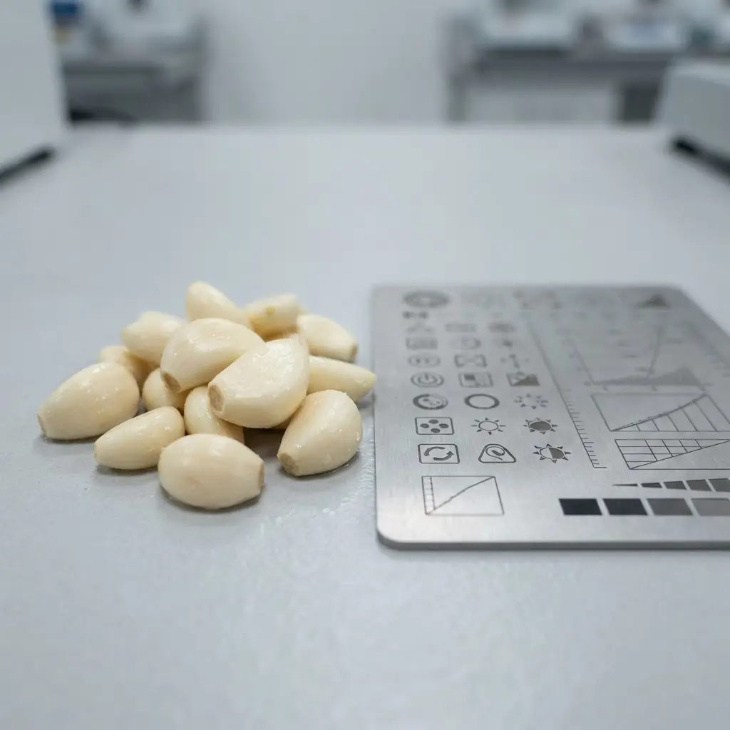 Peeled garlic cloves sit beside a clean laboratory-style metal icon chart on a pale surface.