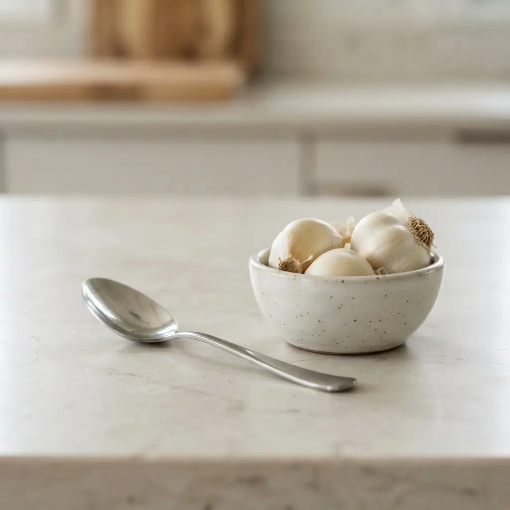 A teaspoon, garlic cloves, and a small recipe bowl appear on a clean kitchen counter.