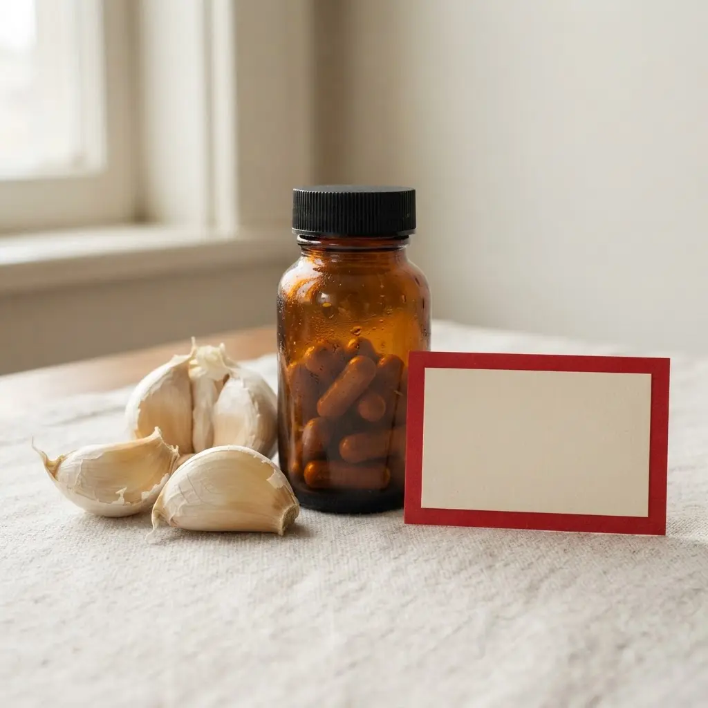 Garlic cloves beside a medicine bottle and blood-thinning warning card show garlic and medication safety.