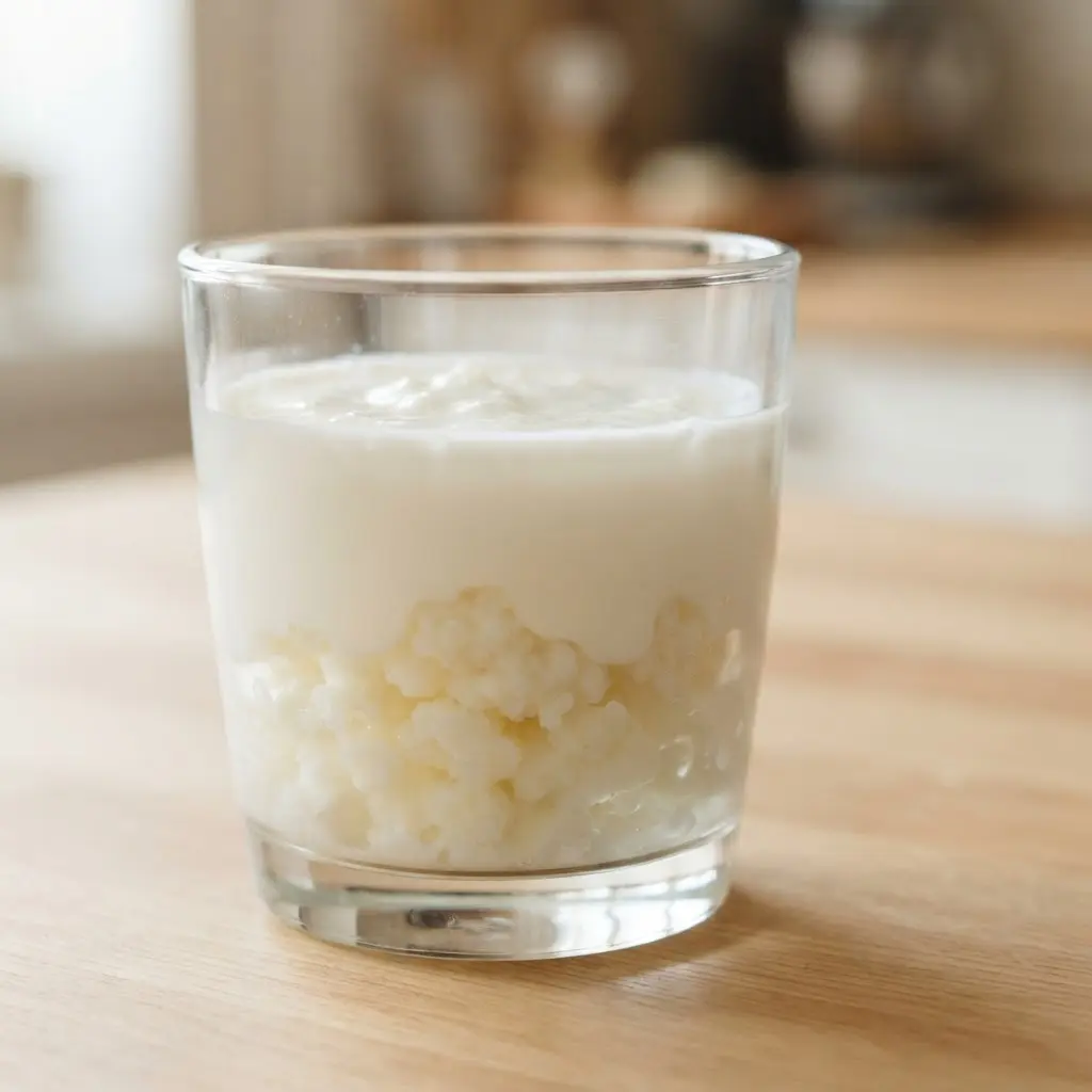 Clear glass of kefir beside visible kefir grains and a spoon, showing Health benefits of kefir.