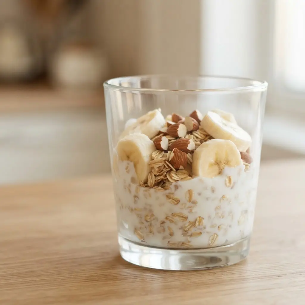Clear glass of plain kefir beside almonds, oats, and sliced banana on a white table.