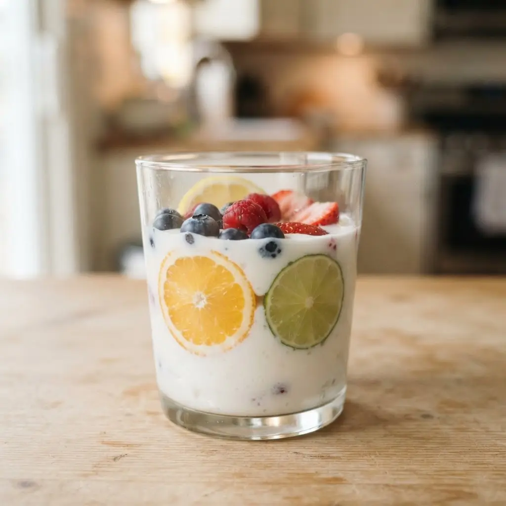 Bright clear glass of kefir beside citrus slices and berries on a clean white surface.
