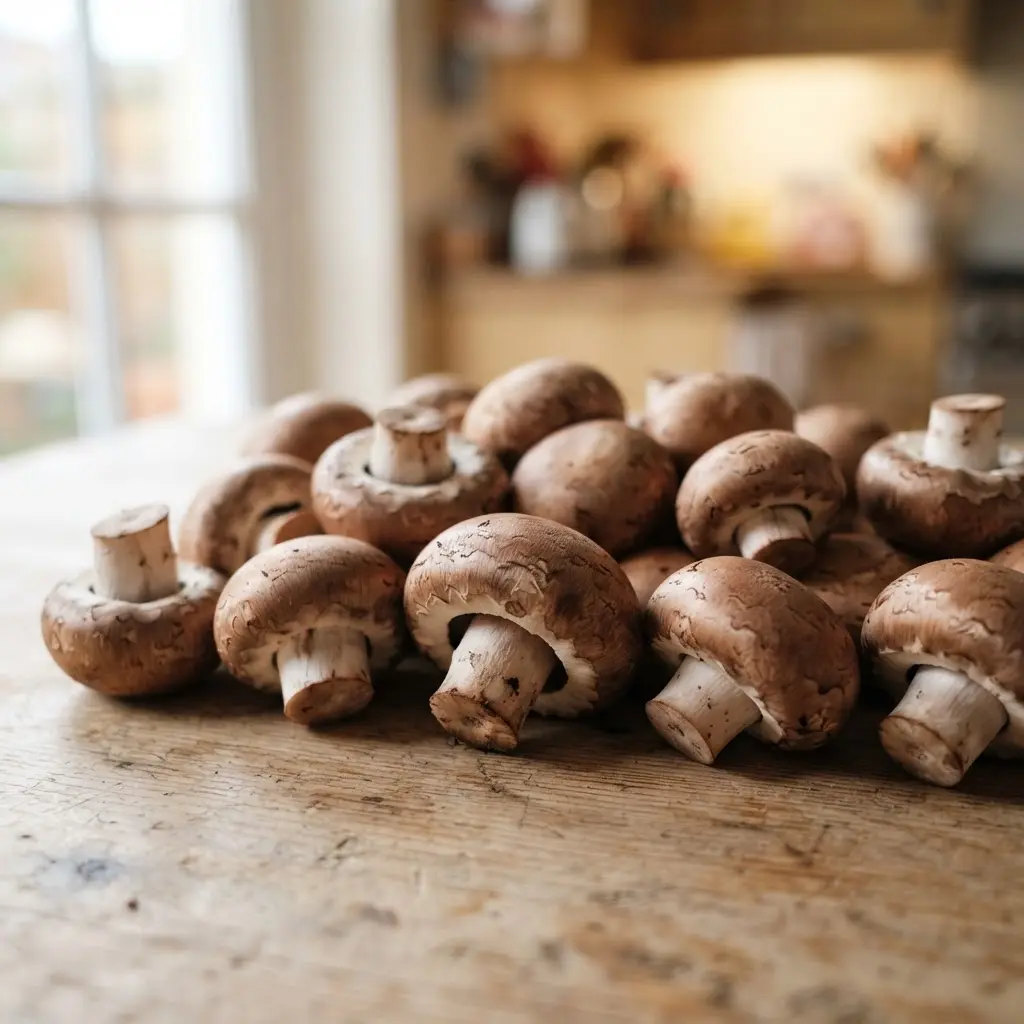 Fresh uncooked mushrooms on a plain wooden table.
