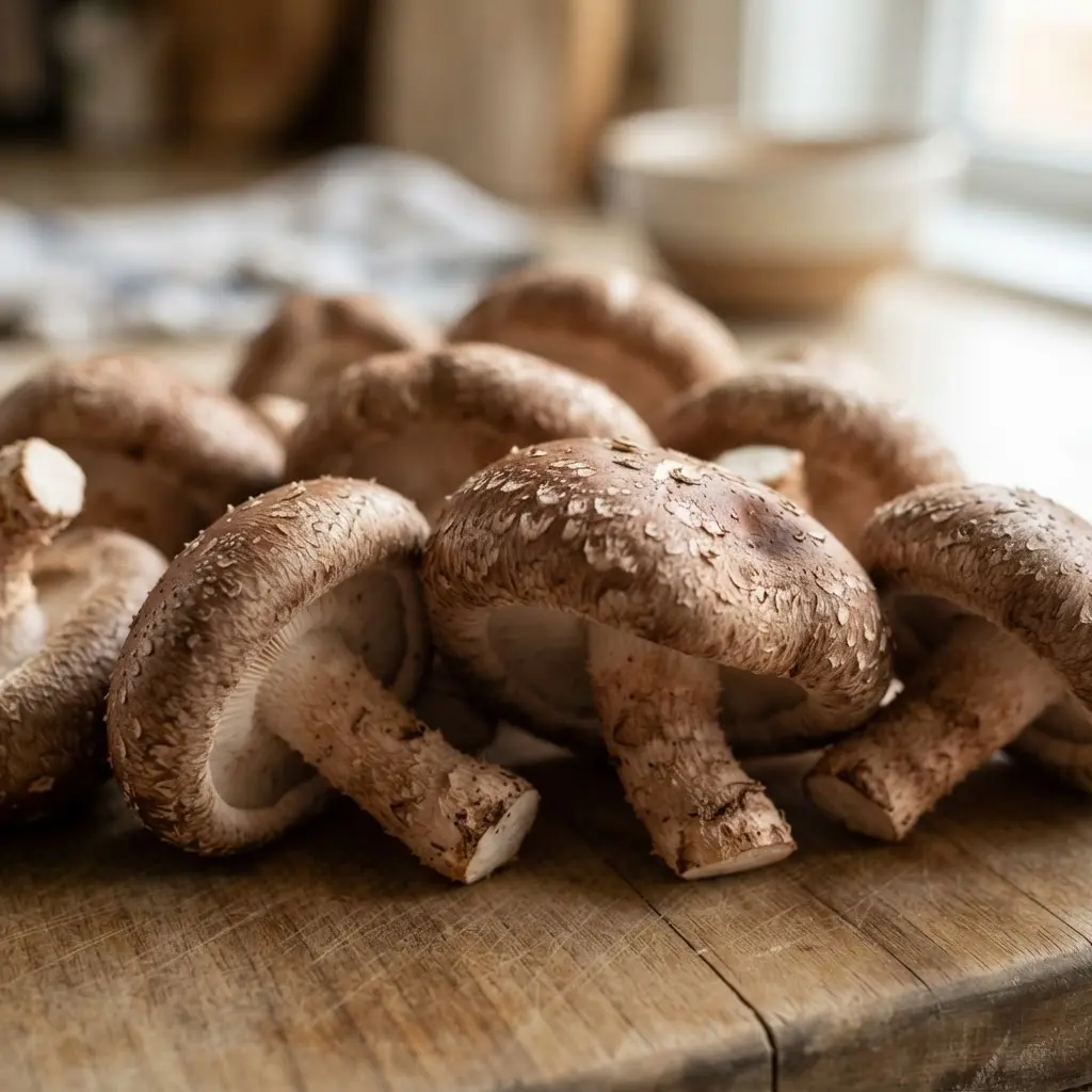 Fresh uncooked shiitake mushrooms shown in close-up to highlight natural texture.