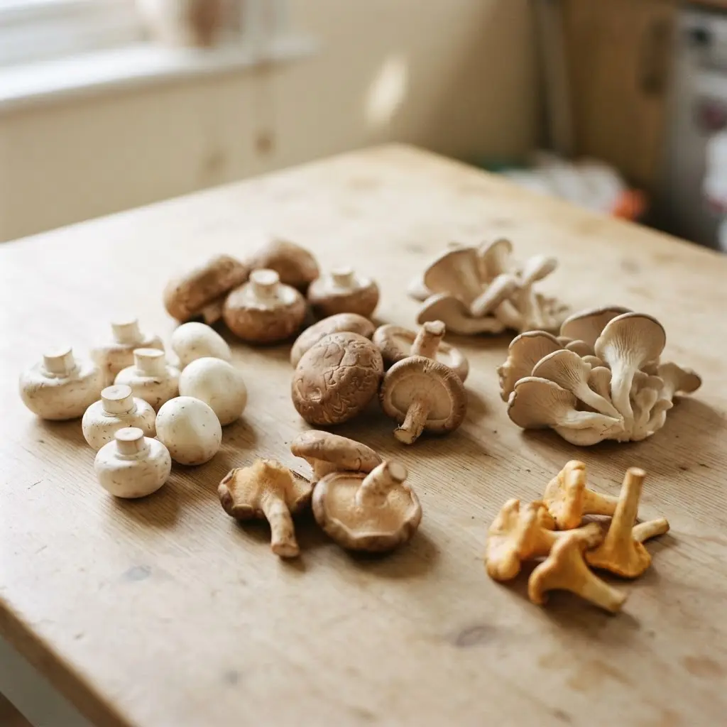 Several different kinds of fresh uncooked mushrooms arranged in separate groups by variety.