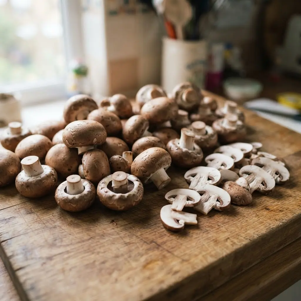 Fresh mushrooms, some whole and some sliced, ready for a healthy meal.