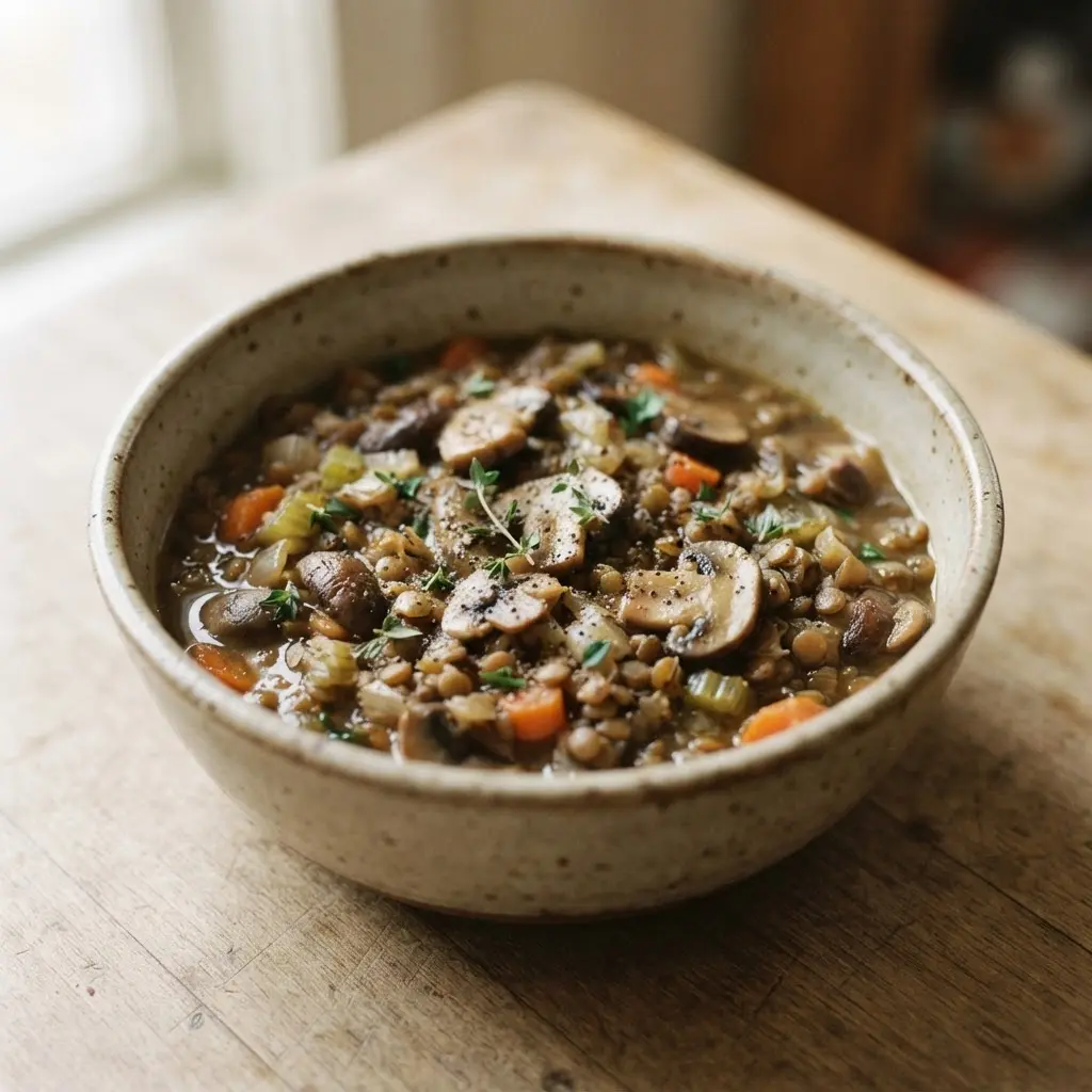 Mushroom and lentil stew served in a ceramic bowl.