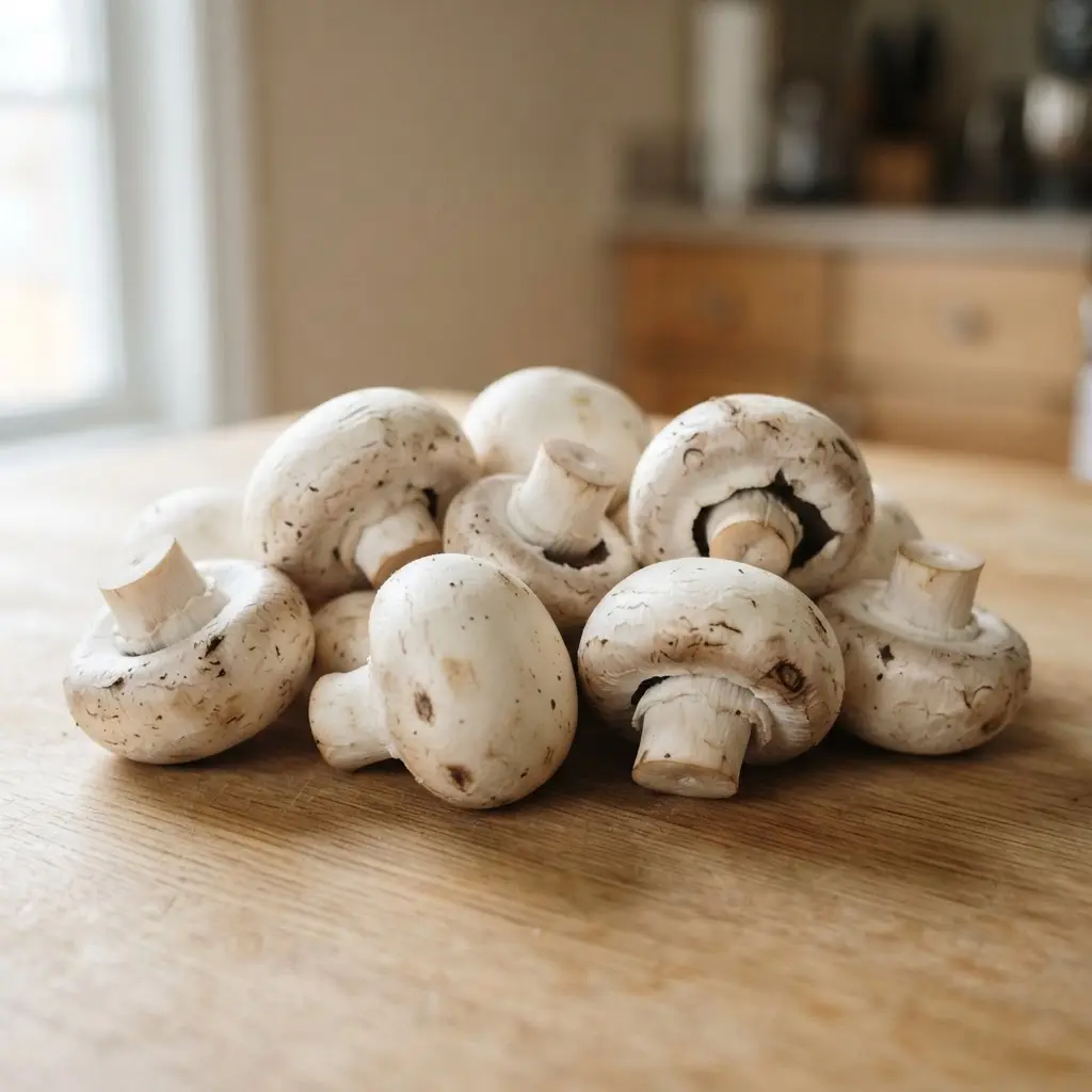 Fresh uncooked mushrooms on a plain wooden table.