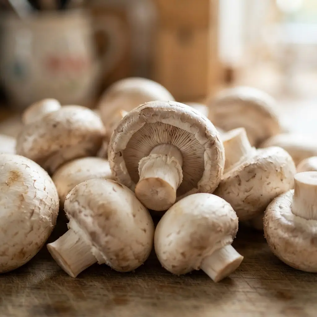 Fresh uncooked light-exposed mushrooms shown in close-up to highlight natural texture.