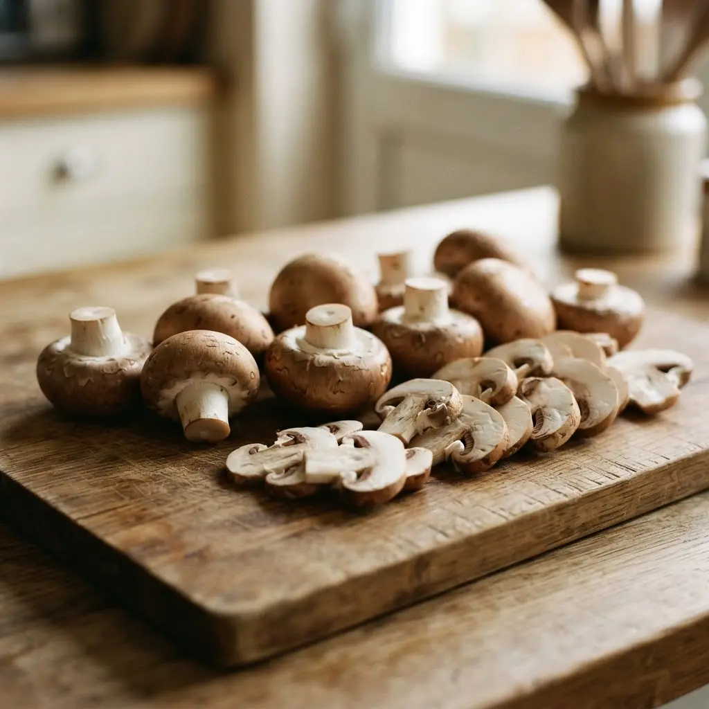 Fresh mushrooms, some whole and some sliced, ready for a healthy meal.