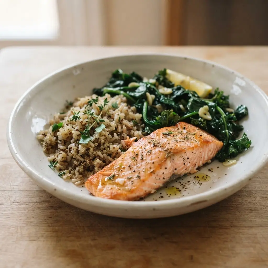 Cooked salmon fillet with leafy greens and grains, showing health benefits of salmon.