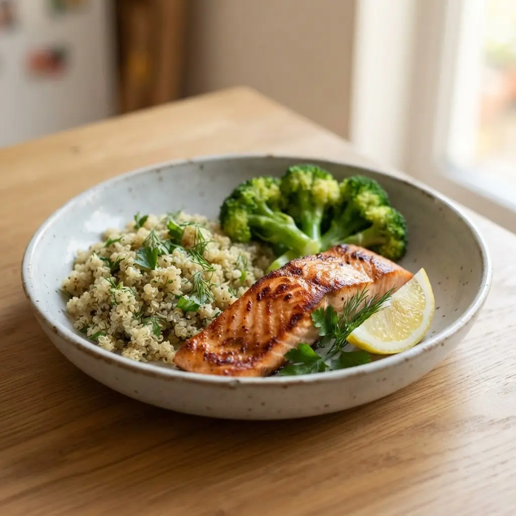 Grilled salmon with quinoa, broccoli, and lemon on a plate, highlighting salmon nutrition.