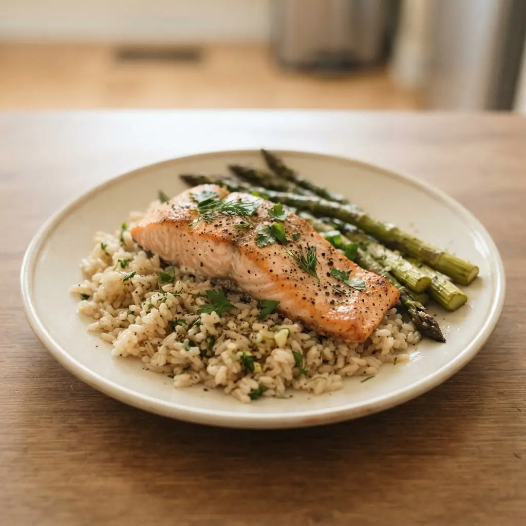 Baked salmon fillet with brown rice, asparagus, and herbs on a ceramic plate in natural light.