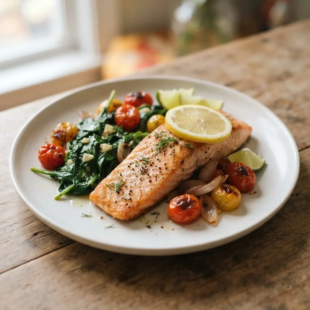 Cooked salmon with spinach, tomatoes, and citrus on a wooden table, showing a balanced meal.