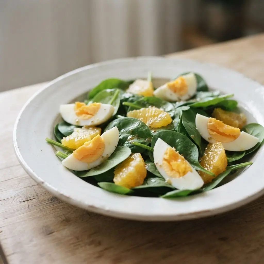 Fresh spinach leaves beside a sliced orange and egg illustrate health benefits of spinach for eye-focused meals.