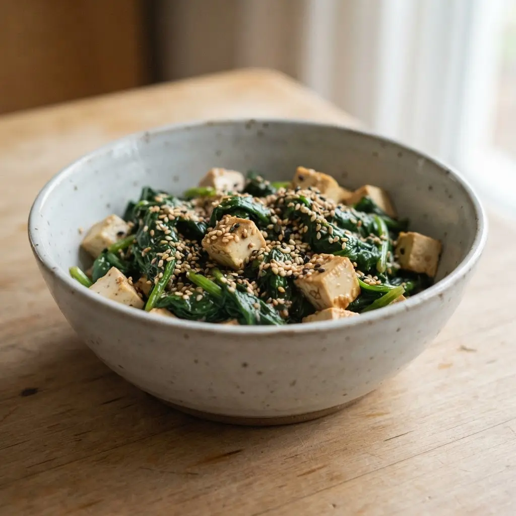Cooked spinach with sesame seeds and tofu illustrates health benefits of spinach in a vitamin K meal.
